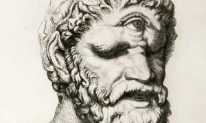 Portrait gravé d'un cyclope barbu, avec un seul œil au milieu du front. Une créature mythologique terrifiante.