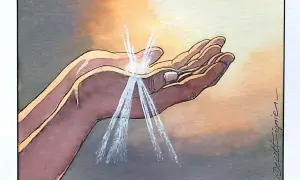 Mains ouvertes recevant la lumière divine, comme un don du dieu de la lumière.