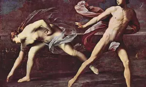 Course de Hippomène et Atalante, scène de la mythologie grecque. Atalante, la chasseresse, court, laissant tomber des pommes d'or.