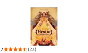 Hestia, déesse des foyers, représentée dans une illustration chaleureuse et protectrice, entourée de flammes et de bougies.
