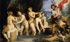 Diane et Actéon : le chasseur aux bois de cerf surprend la déesse et ses nymphes au bain. Les nymphes tentent de se cacher.