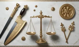 Balance de justice dorée, épée ornée et symboles antiques. La **némésis définition** se reflète dans ces objets, évoquant la justice divine et la rétribution.
