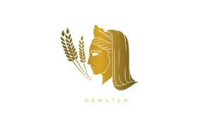 Profil doré d'une déesse des moissons, tenant des épis de blé. Le nom "DEMETER" est inscrit en dessous.