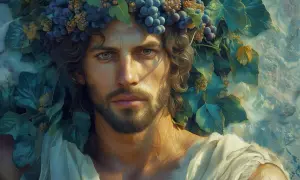 Portrait d'un homme couronné de raisins et de feuilles, évoquant le dionysos symbole de fête et de nature.