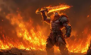 Un guerrier imposant, le dieu du feu, brandit une épée enflammée au milieu d'un paysage dévasté par les flammes.