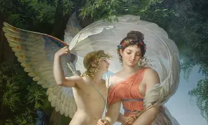 Cupidon, fils de Vénus, tient une flèche. On se demande qui est le père d'Aphrodite, mais ici, c'est son fils qui est représenté.