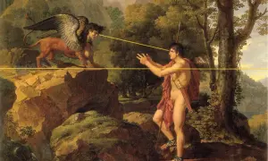Un homme nu fait face à un sphinx ailé, créature de la mythologie grecque, dans un paysage rocheux et boisé.