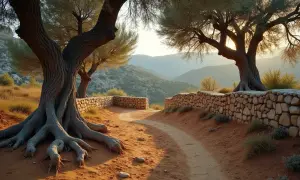Gros plan sur les racines d'un vieil olivier, un chemin de terre et un mur de pierres, avec des collines en arrière-plan.