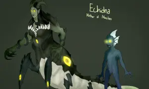 Échidna, mère des monstres de la mythologie grecque, avec son corps de serpent et ses multiples yeux brillants, aux côtés d'une créature aquatique.
