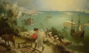 Paysage marin avec un laboureur, des moutons et un navire. Un dédale mythologie s'ouvre sur la mer.