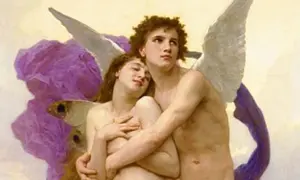 Psyché et Amour, une interprétation du mythe. La jeune femme s'appuie sur son amant, ailes déployées, dans une scène tendre.
