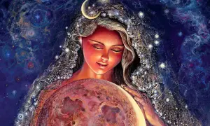 Une femme aux yeux clos, coiffée d'un croissant de **selene lune**, enlace une sphère lumineuse. Son voile scintille d'étoiles sur fond cosmique.