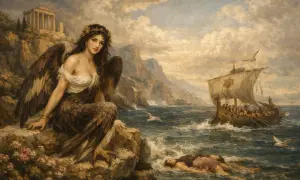 Une sirène mythologie, aux ailes d'aigle et au corps écailleux, observe un navire antique. Un homme flotte, inconscient, dans les vagues déchaînées.