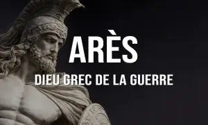 Statue d'Arès, dieu grec de la guerre, portant un casque et un bouclier.