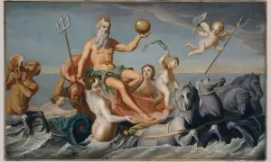 Neptune, le dieu de la mer, trône sur un char tiré par quatre chevaux marins. Un triton souffle dans un cor, tandis que des putti célèbrent sa puissance.