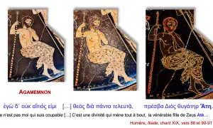Trois représentations d'Agamemnon sur des vases grecs. Une citation en grec et français évoque la déesse Até, fille de Zeus, responsable des erreurs.