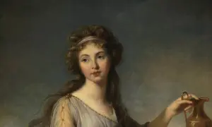 Portrait d'une jeune femme aux cheveux bouclés, tenant une cruche dorée. Elle pourrait être une fille de Zeus et Héra, déesse de la jeunesse et de la beauté.