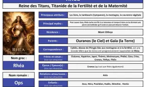 Rhéa, mère de Zeus, reine des Titans, représentée avec des lions et un tambourin, symbolisant la fertilité et la maternité.