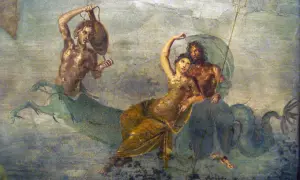 Une femme, peut-être une nymphe, est portée par un homme mi-homme mi-poisson, évoquant Poséidon. Un autre personnage marin est à gauche.