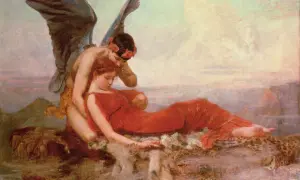 Morphée, le dieu des rêves, enlace Calliope, muse de la poésie épique, dans un paysage onirique.