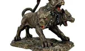 Figurine de cerbère mythologie, gardien des enfers, aux trois têtes rugissantes et à la queue de serpent.