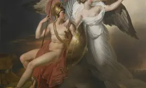 Un guerrier casqué, qui est Arès, pose avec un bouclier. Une déesse ailée sonne de la trompette à ses côtés.