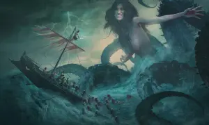 Scylla, monstre marin de la mythologie, attaque un navire. Ses tentacules s'élèvent des flots déchaînés, menaçant les marins terrifiés.