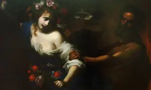 Le ravissement de Perséphone par Hadès. On y voit la jeune femme, couronnée de fleurs, saisie par une main puissante. Ses parents, Déméter et Zeus, sont absents de cette scène.