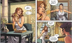 Léda, peut-être une ancienne maîtresse de Zeus, se prépare. Une autre femme s'exclame : "Ton œuf est en train d'éclore !
