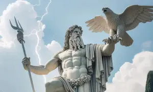 Statue du dieu de la pluie grec, Zeus, tenant un trident et un aigle, sous un ciel orageux.