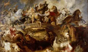 La bataille acharnée des Amazones sur un pont, où hommes et chevaux s'affrontent dans un chaos dramatique.