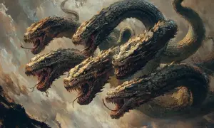 L'hydre de Lerne, créature mythologique aux multiples têtes de serpent, émerge des brumes, gueules ouvertes et langues bifides sifflantes.