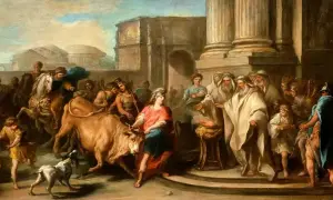 Thésée, jeune héros, maîtrise le taureau crétois. Une foule observe ce moment clé du mythe de Thésée résumé, avant son voyage vers le labyrinthe.