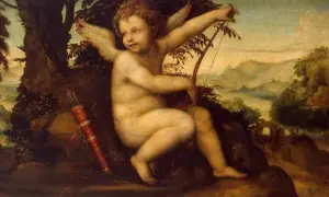 Un jeune Éros dieu, ailé et nu, s'apprête à décocher une flèche. Son carquois repose à ses côtés.