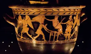 Vase antique représentant une scène de la mythologie grecque, possiblement Jason et la Toison d'Or, avec des figures ailées et des divinités.