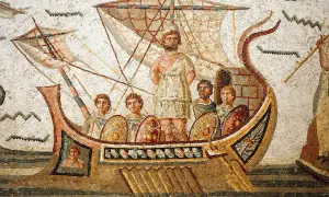 Mosaïque romaine : Ulysse, tel un dieu, mène ses hommes sur un navire, prêt pour l'aventure.