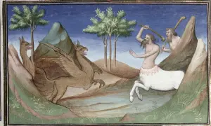 Un mi homme mi cheval, armé d'une massue, affronte un griffon et une créature ailée dans un paysage rocheux.