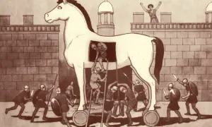 Le cheval de Troie, un stratagème de la mythologie grecque, est introduit dans la cité. Des guerriers grecs sortent de sa panse.