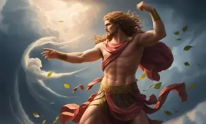 Un homme musclé, drapé de rouge, semble commander les éléments. Des feuilles volent autour de lui, et des nuages tourbillonnent, évoquant le dieu du vent.