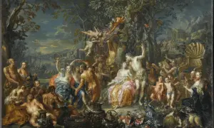 Un cortège joyeux célèbre Dionysos, brandissant un thyrse orné de feuilles de vigne. Amours, nymphes et satyres dansent au crépuscule.