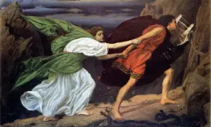 Orphée, sa lyre sur le dos, est retenu par Eurydice qui le tire en arrière, le regard plein de désespoir.