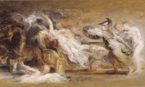 Enlèvement de Proserpine par Pluton, scène dramatique de la mythologie grecque. Une femme est emportée dans un char tiré par des chevaux.