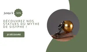 Statue d'un homme luttant pour pousser un rocher de Sisyphe doré. Découvrez nos statues du mythe de Sisyphe !