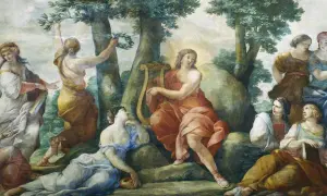 Erato muse, inspirant la poésie lyrique, joue de la lyre entourée de compagnes dans un paysage verdoyant.