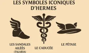 Les symboles iconiques d'Hermès : sandales ailées, caducée et pétase. Le dieu messager est représenté par ces emblèmes.