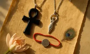 Pendentifs, fleur de lotus, plume de paon et bracelet sur un papyrus orné de figures. L'un des pendentifs évoque une déesse de la pluie.