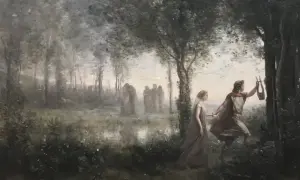 Orphée guide Eurydice hors des enfers, une scène mythologique dans une forêt brumeuse.