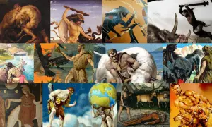 Collage d'images illustrant les 12 travaux d'Hercule, expliquant pourquoi Hercule doit faire ces épreuves pour expier ses fautes.