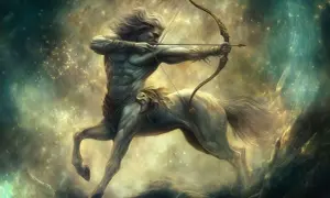 Chiron, le centaure sage de la mythologie grecque, bandant son arc dans un ciel étoilé.