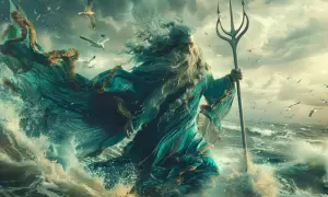 Le dieu de l'eau, barbu et majestueux, brandit son trident au milieu des vagues déchaînées et des mouettes. Sa robe turquoise flotte au vent.